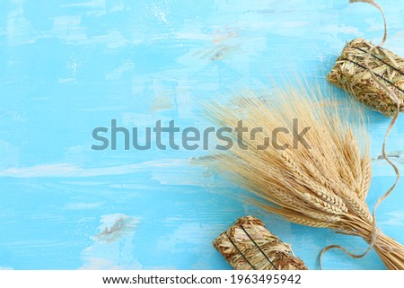 top view of wheat crops over blue wooden background. Symbols of jewish holiday - Shavuot