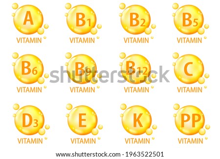Vitamin A, B1, B2, B5, B6, B9, B12, C, D3, E, K1, PP. 3d icons set. Gelatin capsules. Vitamin complex. The concept of a healthy lifestyle, nutrition. Collection of round signs. Vector illustration.
 Royalty-Free Stock Photo #1963522501