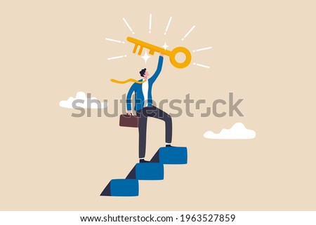 Key to business success, stairway to find secret key or achieve career target concept, businessman winner walk up to top of stairway lifting golden success key to the sky. Royalty-Free Stock Photo #1963527859