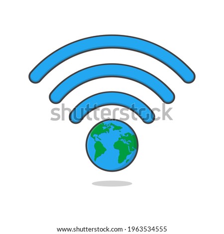 Earth Wifi Signal Vector Icon Illustration. Wireless Access Point To Global Network Concept Flat Icon