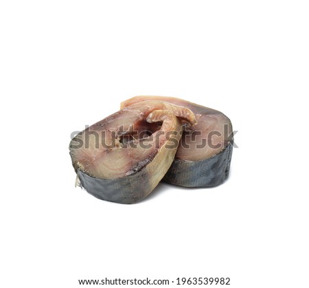 slice of raw mackerel isolated on white background, close up
