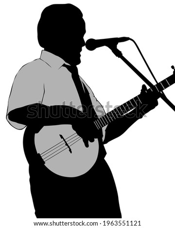Man whit banjo guitar perform on stage. Isolated silhouettes of people on a white background