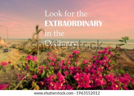 Look for the  EXTRAORDINARY in the  Ordinary. -Motivation  quote with blur landscape flower background.