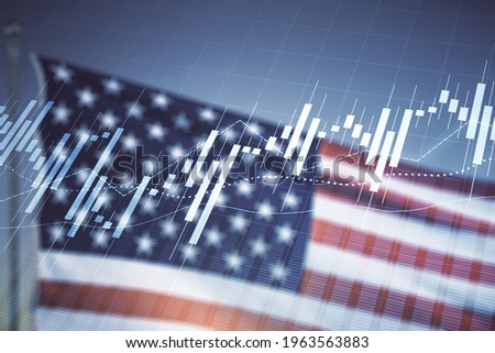 Abstract virtual financial graph hologram on USA flag and sunset sky background, forex and investment concept. Multiexposure