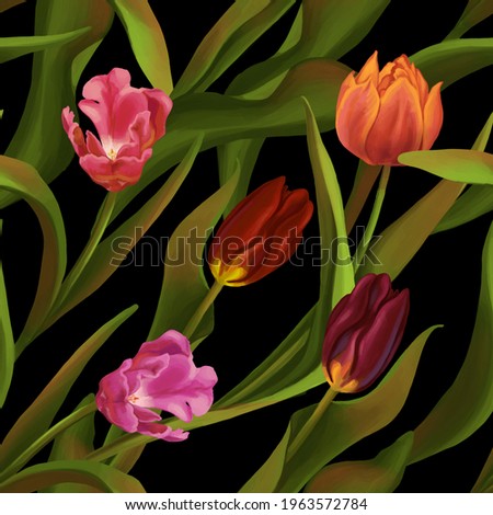 Beautiful tulips seamless pattern. Raster digital illustration on realistic style. Spring flowers, botanical ornament. Colorful design for print, textile, fabrics, wallpaper, decor, background, wrap.