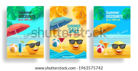 Summer sale poster with 3d smile in sunglasses under sun umbrella with tropical leaves and cocktails and beach volleyball ball