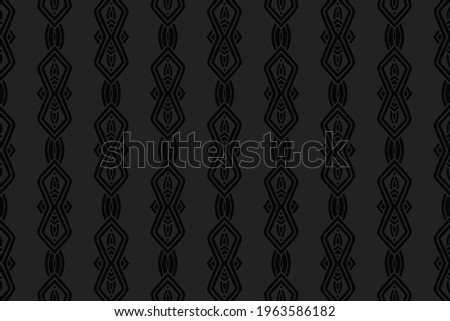3d volumetric convex geometric black background. Embossed vertical oriental islamic pattern with traditional ethnic elements. Design for presentations, websites, textiles, coloring.