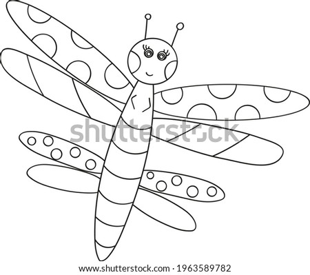 Coloring book with a picture of a cute cartoon dragonfly for preschool children to color. Vector illustration