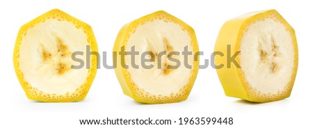 Banana slice isolated. Cut bananas on white. Set of banana slices on white background. Royalty-Free Stock Photo #1963599448