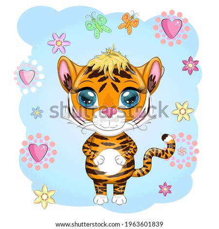 Cute cartoon tiger with beautiful eyes, bright, orange. Illustrations for Chinese New Year 2022, year of the Tiger. Lunar new year 2022.