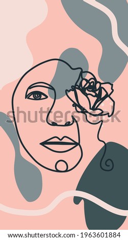 Woman face with flowers one line drawing. Half of the face is a flower. Continuous line drawing art. Nature cosmetics. Minimalist black and white drawing