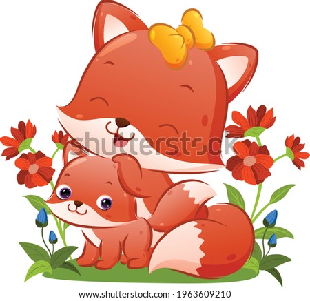 The big fox with the beautiful ribbon is posing with her baby fox in the garden of illustration
