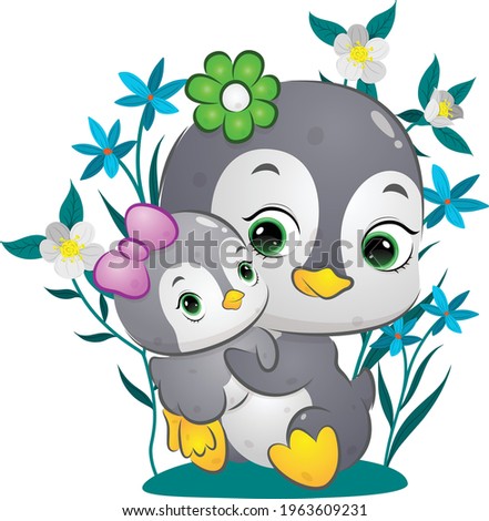 The cute happy penguin is lifting the baby with the flowers background of illustration