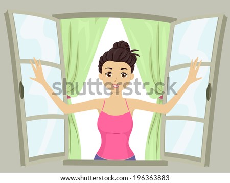 Illustration of a Teenage Girl Opening Her Room's Windows
