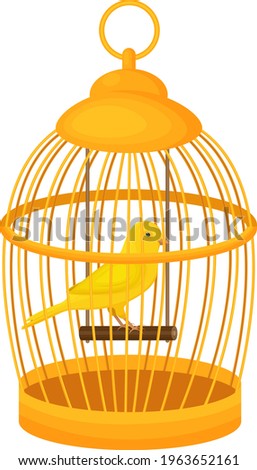 A bright yellow canary bird sits on a wooden perch in a closed golden cage. Vector illustration isolated on white background. Royalty-Free Stock Photo #1963652161