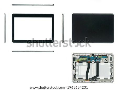 All views of electronic  tablet isolated on white background. Front, back, side and electronic view. of black tablet