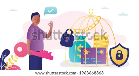 African American man keeps cash in cage. Birdcage full of bank card and gold coins. Financial management and money protection. Concept of protecting money savings. Trendy flat vector illustration