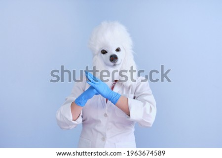 Young woman in a latex dog head mask and white coat making fight hand sign on a blue background. Doctor medical veterinary concepts.
