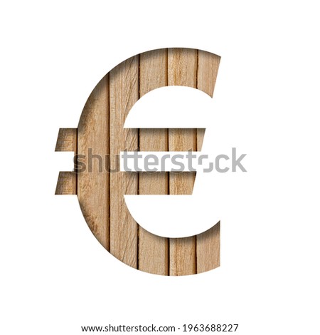 Font on light wood. Euro money symbol cut out of paper on a background of vertical wood planks. Set of decorative wooden fonts.