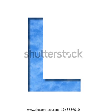 Font on blue sky. Letter L cut out of paper on a background of a bright blue sky with light clouds. Set of decorative natural fonts