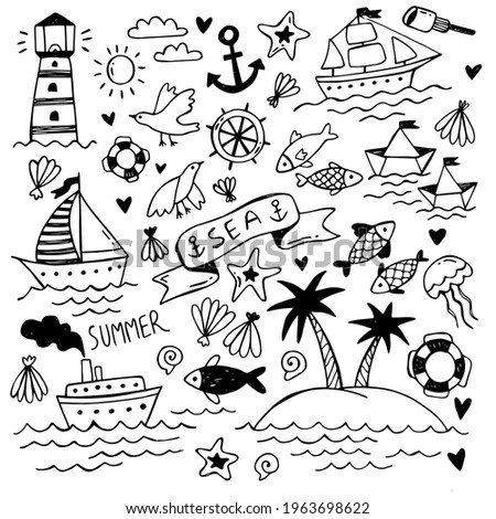 Set of simple nautical illustrations. Hand drawn doodle. Sea icons set. Ships, lighthouse, sea, waves, seagulls, palm trees, islands, rest on the beach, anchor, fish.