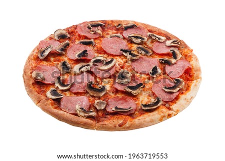 Delicious classic italian Pizza Carbonara with ham, sausages tomatoes, mushrooms and cheese isolated on white background