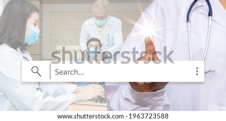 Medicine doctor touching light star for click and searching global connection for website or banner interface icons, Lady doctor using laptop to find data on visible touchscreen.