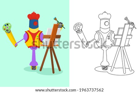 painting artist robot paints a picture with watercolors isolate on half blue lagoon color background, cartoon character design vector illustration, Coloring Book Outline