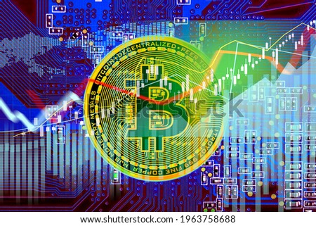 Bitcoins and New Virtual money concept.Gold bitcoins with Candle stick graph chart and digital background.Golden coin with icon letter B.Mining or blockchain technology

