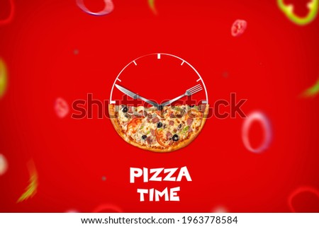 Pizza Time concept. Clock made by pizza. Half Clock and Half Pizza isolated on a red background. off focus vegetables and background and text