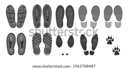 Footprints of human shoes, vector set of silhouettes isolated on a white background. Shoe soles print. Foot protector, boots, sneakers, shoes, women's and men's, dog tracks. Monochrome image, clipart.