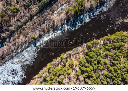 Wide river flowing through spring forest, aerial shot