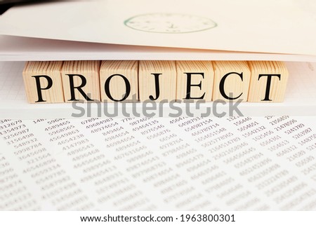 PROJECT the word on wooden cubes, cubes stand on a reflective surface, in the background is a business diagram. Business and finance concept. High quality photo