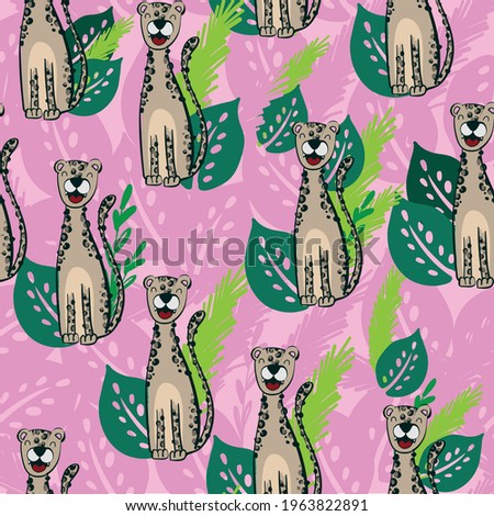 Seamless pattern with leopard and leaves. Vector background for textile, fabric, clothes for kids, stationery, socks and other designs.