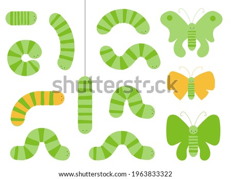 Various cartoon caterpillars and butterflies. Green larva set, caterpillar collection, cute doodle insect vector illustration