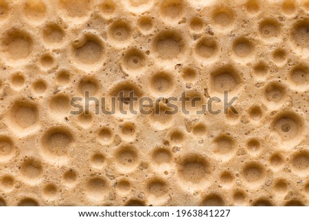 Textured surface of the dietetic crispbread looks like the craters of the moon. Full frame macro shot.
