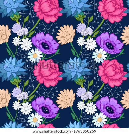 Bright summer flowers on a pattern for a seamless pattern. Stylized drawing in vector, boho style. Wealth and variety of plants.