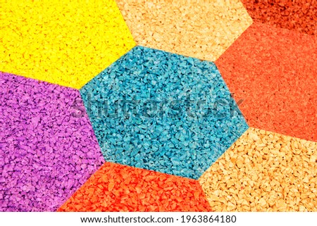 Multicolor hexagons abstract pattern, rubber crumb texture background, flooring for stadiums and playgrounds