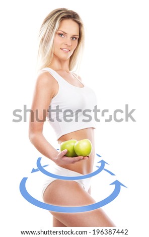 Female body with the drawing arrows on it isolated on white. Healthy eating concept.