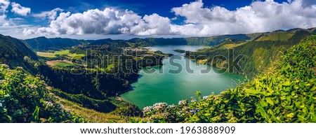 Beautiful view of Seven Cities Lake "Lagoa das Sete Cidades" from Vista do Rei viewpoint in São Miguel Island, Azores, Portugal. Lagoon of the Seven Cities, Sao Miguel island, Azores, Portugal. Royalty-Free Stock Photo #1963888909