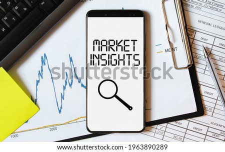 Concept Insights message on notebook with glasses, pencil and coffee cup on wooden table
