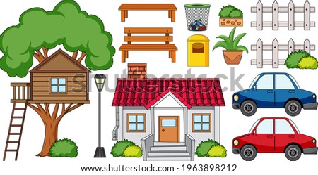 A house with outdoor decoration set isolated illustration