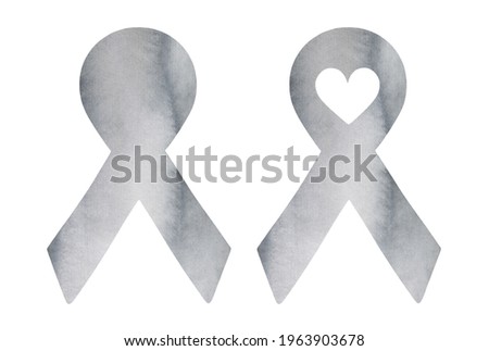 Water color illustration set of two gray ribbons: with love heart shape and clean template that can be used for your text words. Hand painted watercolour drawing, isolated clipart elements for design.