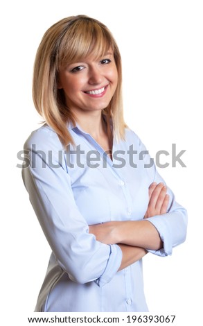 Happy woman with crossed arms and dark eyes
