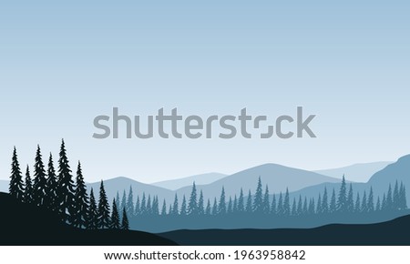 Foggy morning with beautiful mountain views from the edge of the city. Vector illustration of a city