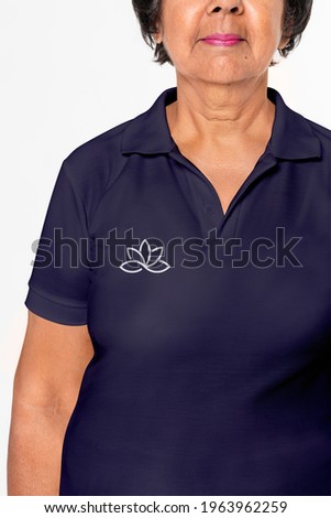 Woman in basic plus size navy polo shirt with logo and design space