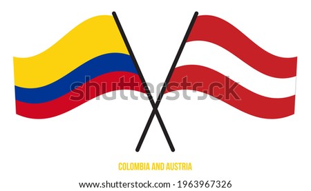 Colombia and Austria Flags Crossed And Waving Flat Style. Official Proportion. Correct Colors.