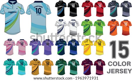 Sports polo collar t-shirt jersey design set vector template, Cricket jersey concept with front and back view for Soccer, Football and Tennis. sports uniform in 15 different color ways