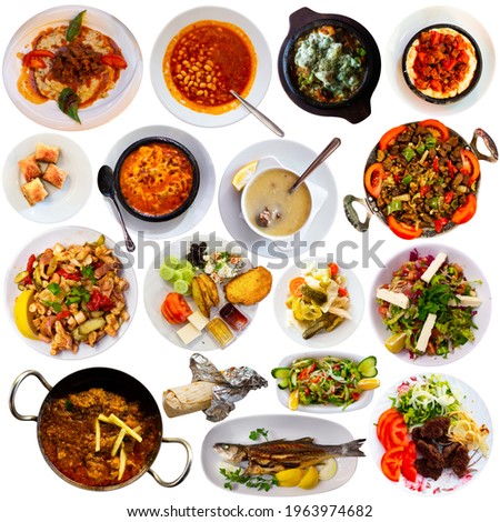 Set of various plates of Turkish cuisine isolated on white background