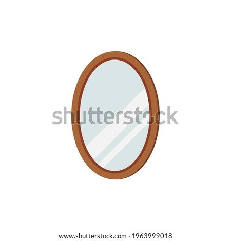 Mirror with oval frame isolated on white background. Home modern wall mirror for hallway, bedroom, wardrobe interior design. Flat catroon style clip art vector illustration.